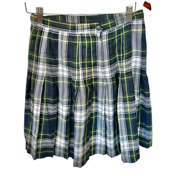 San Moire 90s Vintage Plaid Skirt Green Mini Length Size 12 Vintage School - Picture 1 of 5